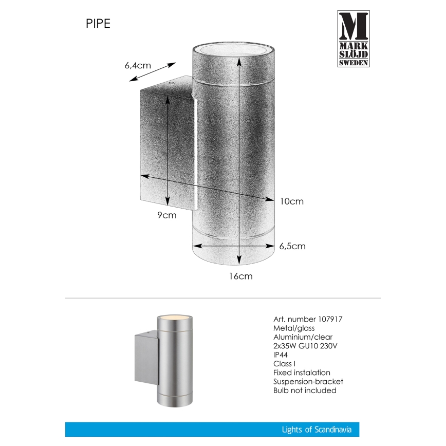 Markslöjd 107917 - Venkovní nástěnné svítidlo PIPE 2xGU10/35W/230V IP44