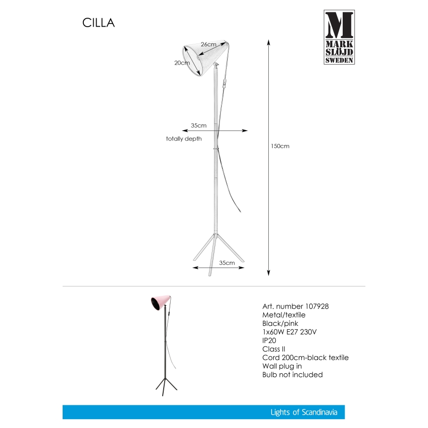 Markslöjd 107928 - Stojací lampa CILLA 1xE27/60W/230V