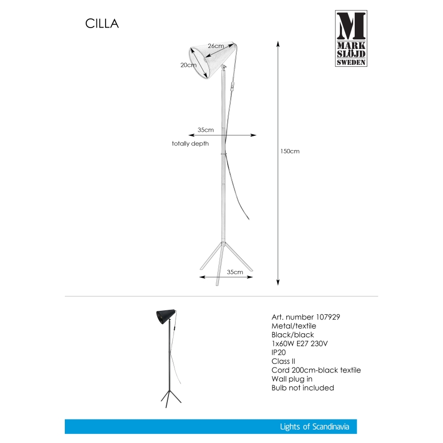 Markslöjd 107929 - Stojací lampa CILLA 1xE27/60W/230V