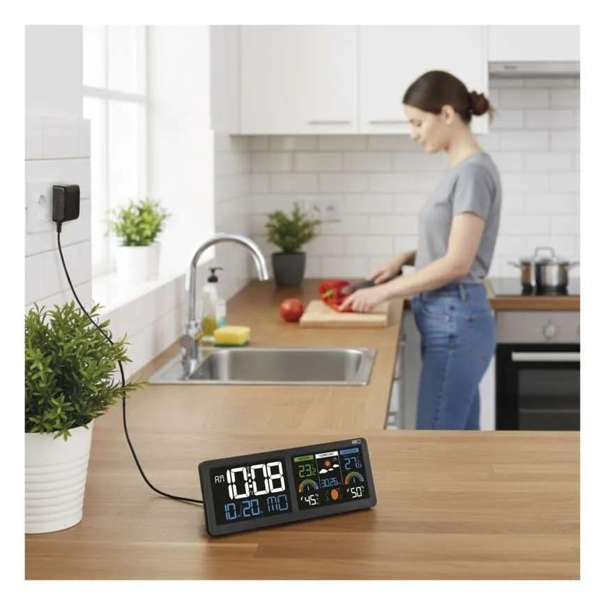 Meteostanice s barevným LCD displejem a budíkem 5V 3xAAA + 2xAA černá