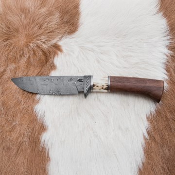 Myslivecký damaškový nůž 11,8 cm ořech/jelení paroh