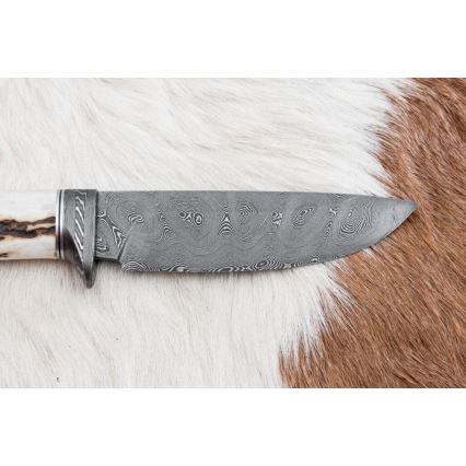 Myslivecký damaškový nůž 11,8 cm ořech/jelení paroh