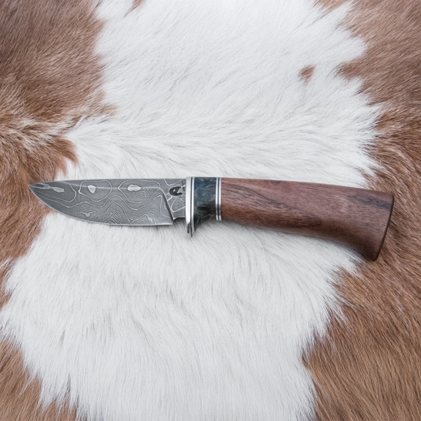 Myslivecký damaškový nůž 9,7 cm ořech/javor