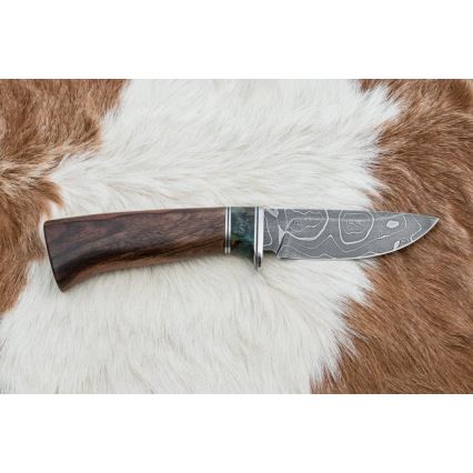Myslivecký damaškový nůž 9,7 cm ořech/javor