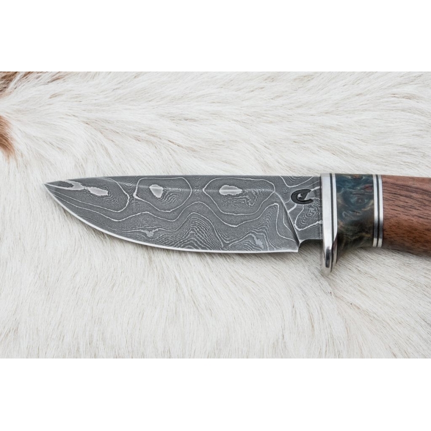 Myslivecký damaškový nůž 9,7 cm ořech/javor