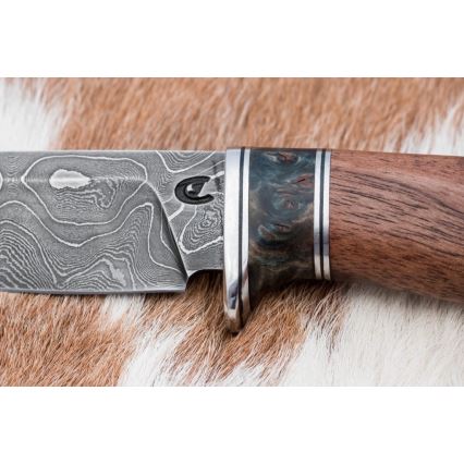 Myslivecký damaškový nůž 9,7 cm ořech/javor