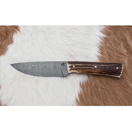 Myslivecký damaškový nůž s pilkou 11 cm jelení paroh