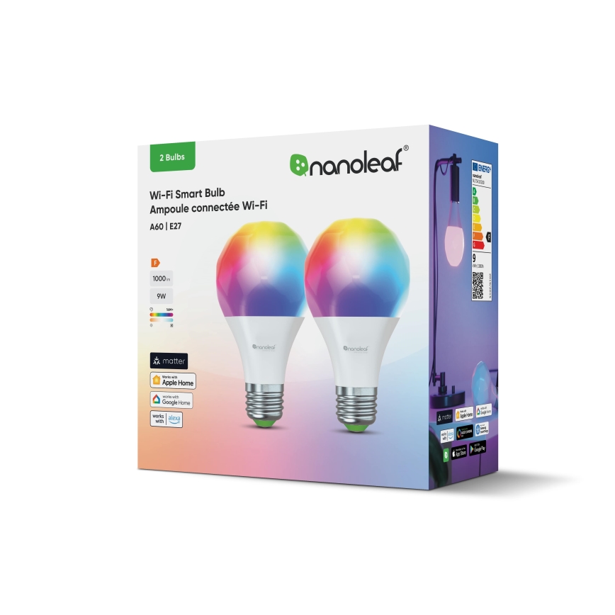 Nanoleaf - SADA 2x LED RGBW Stmívatelná žárovka ESSENTIALS MATTER A19 E27/9W/230V 2700-6500K CRI 90 Wi-Fi