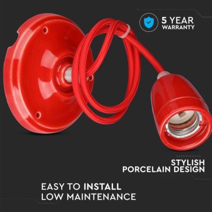 Napájecí kabel 1xE27/60W/230V červená/porcelán