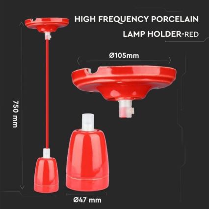 Napájecí kabel 1xE27/60W/230V červená/porcelán