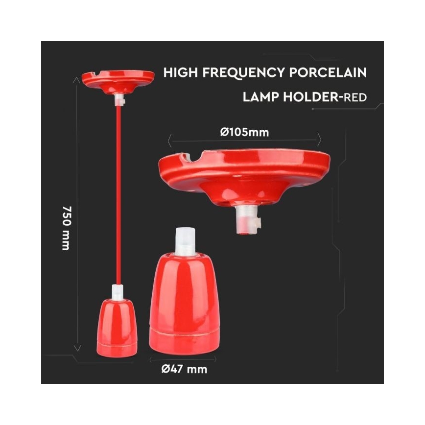 Napájecí kabel 1xE27/60W/230V červená/porcelán