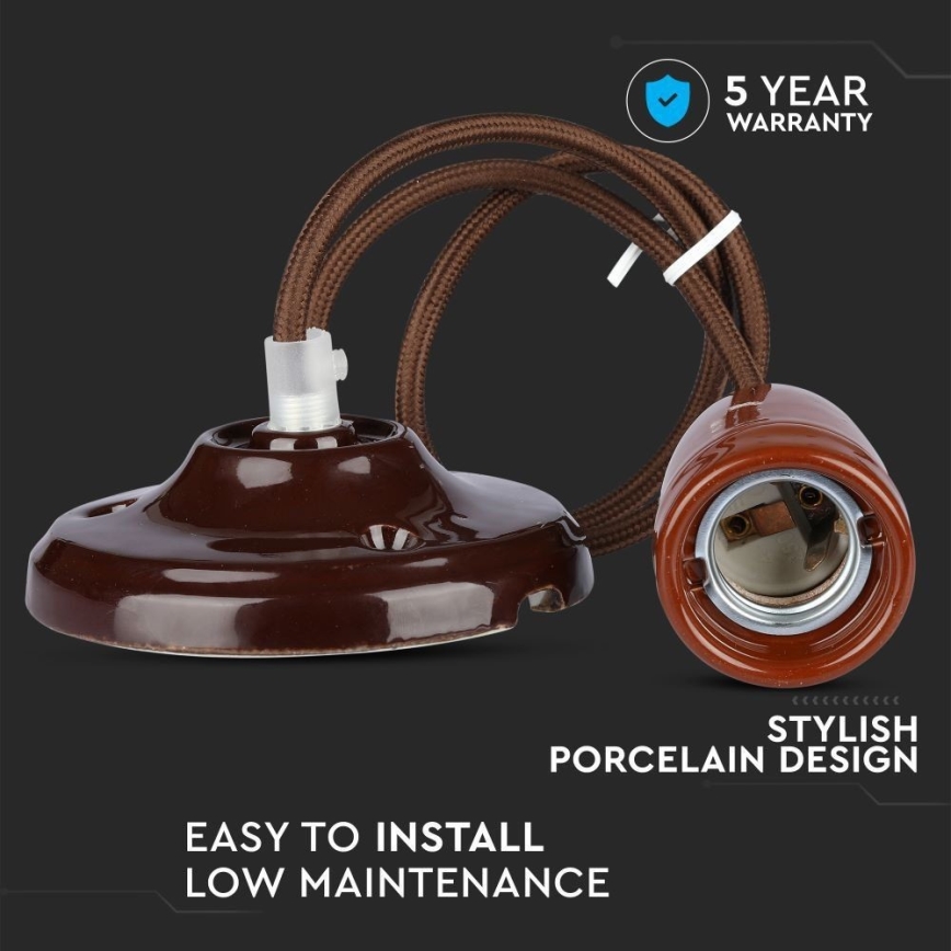 Napájecí kabel 1xE27/60W/230V hnědá/porcelán