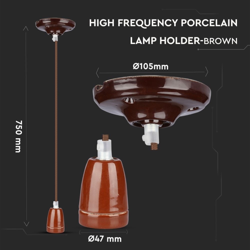 Napájecí kabel 1xE27/60W/230V hnědá/porcelán