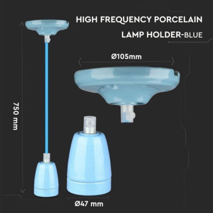 Napájecí kabel 1xE27/60W/230V modrá/porcelán