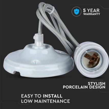 Napájecí kabel 1xE27/60W/230V šedá/porcelán