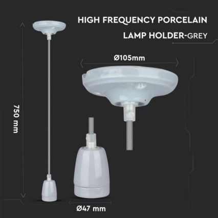 Napájecí kabel 1xE27/60W/230V šedá/porcelán