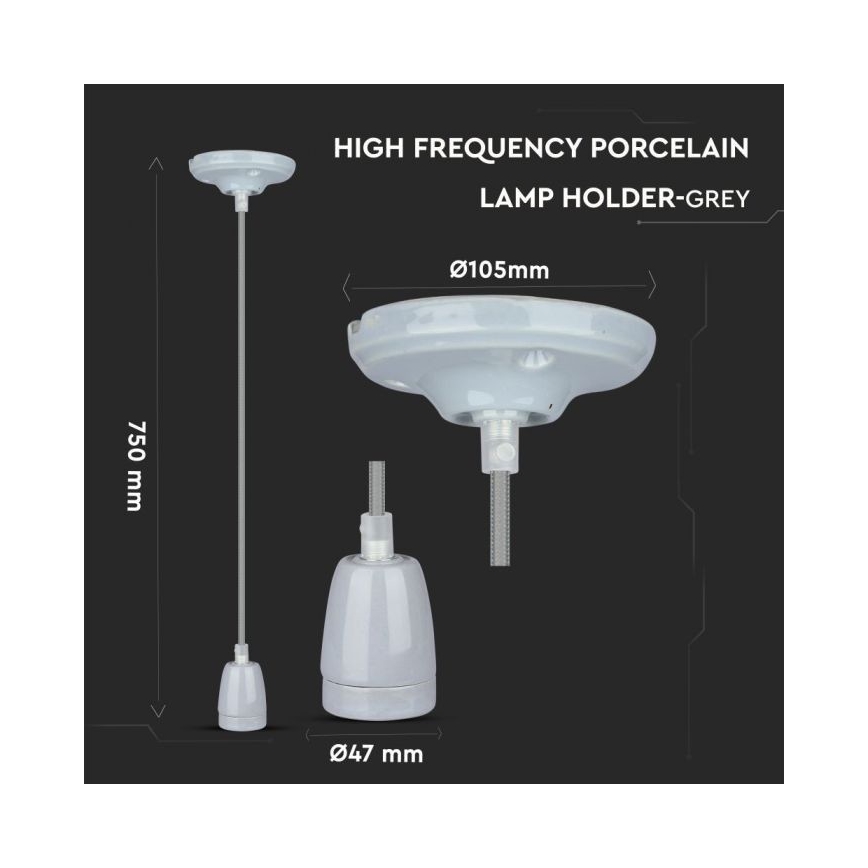 Napájecí kabel 1xE27/60W/230V šedá/porcelán