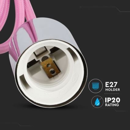 Napájecí kabel 1xE27/60W/230V světle růžová/lesklý chrom