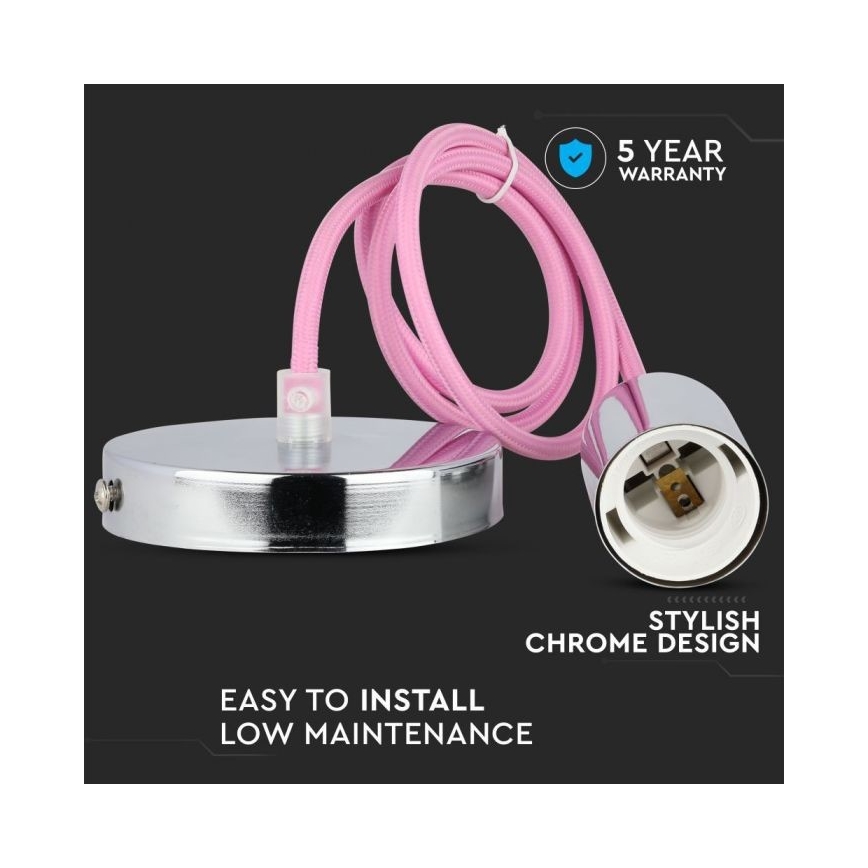 Napájecí kabel 1xE27/60W/230V světle růžová/lesklý chrom