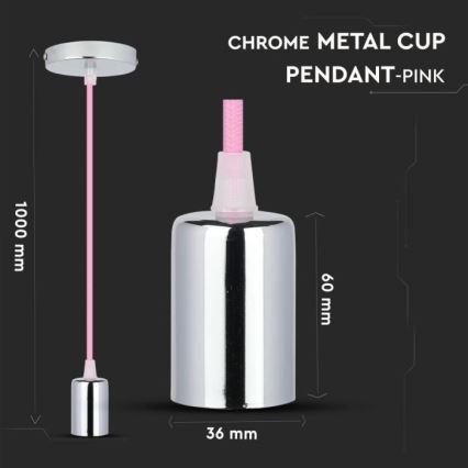 Napájecí kabel 1xE27/60W/230V světle růžová/lesklý chrom
