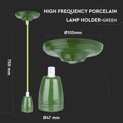 Napájecí kabel 1xE27/60W/230V zelená/porcelán