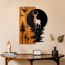 Nástěnná dekorace 43x58 cm jelen a měsíc dřevo/kov