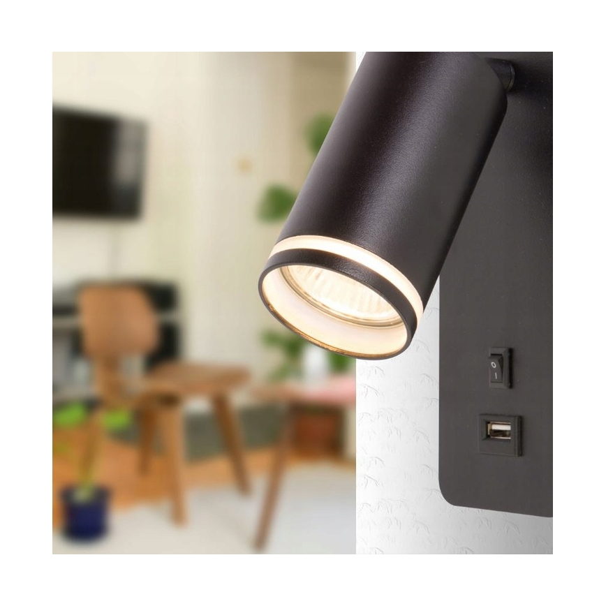 Nástěnné bodové svítidlo s USB nabíječkou 1xGU10/35W/230V černá