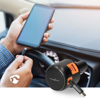 Nabíječka do auta se zatahovacím kabelem Power Delivery 30W 2xUSB-C + 1xUSB-A
