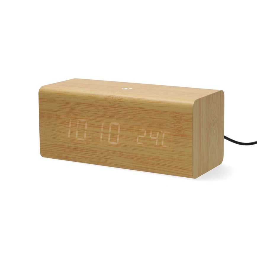 Digitální budík s LED displejem a teploměrem 5V/1xCR2032 dřevo