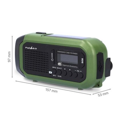 Rádio DAB+/FM na kliku se solárním panelem a LED svítilnou 5V/2500 mAh zelená/černá