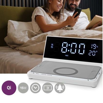 Budík s LCD displejem a bezdrátovou nabíječkou 15W/230V + 1xCR2032 bílá