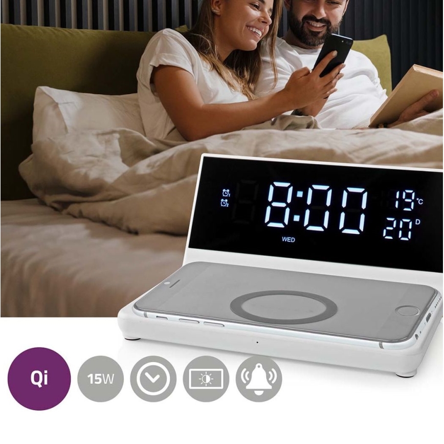 Budík s LCD displejem a bezdrátovou nabíječkou 15W/230V + 1xCR2032 bílá