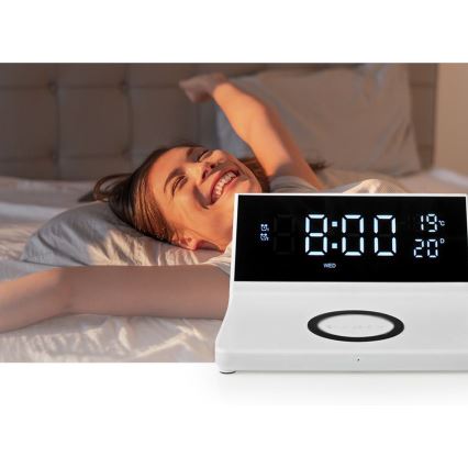Budík s LCD displejem a bezdrátovou nabíječkou 15W/230V + 1xCR2032 bílá