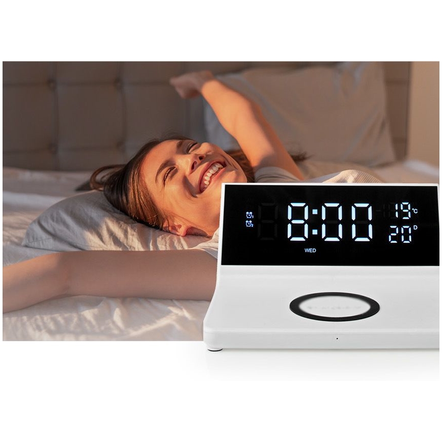 Budík s LCD displejem a bezdrátovou nabíječkou 15W/230V + 1xCR2032 bílá