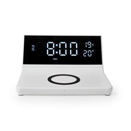 Budík s LCD displejem a bezdrátovou nabíječkou 15W/230V + 1xCR2032 bílá
