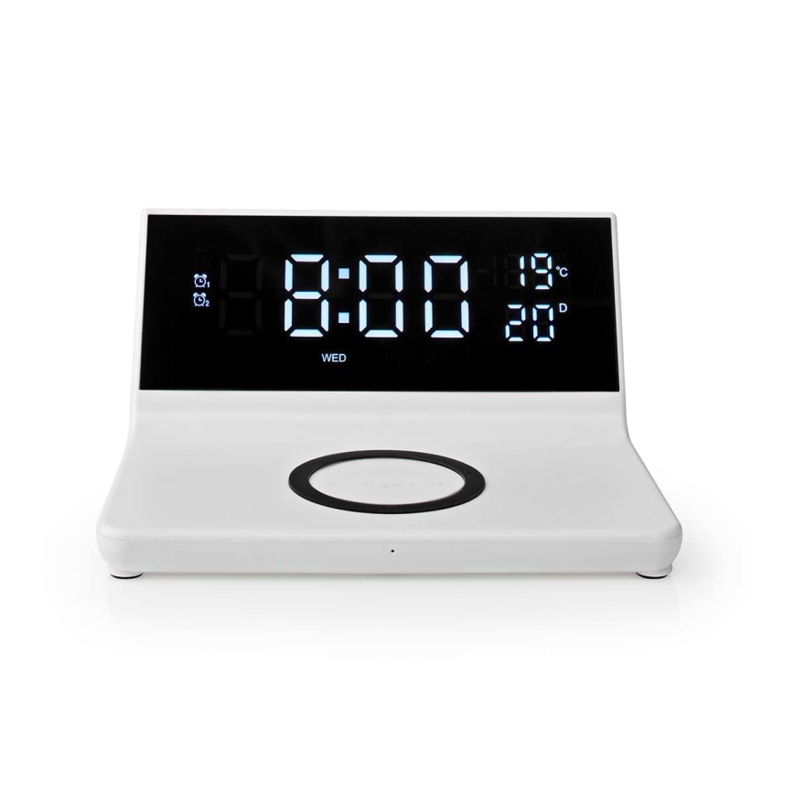Budík s LCD displejem a bezdrátovou nabíječkou 15W/230V + 1xCR2032 bílá