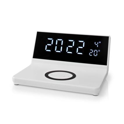 Budík s LCD displejem a bezdrátovou nabíječkou 15W/230V + 1xCR2032 bílá