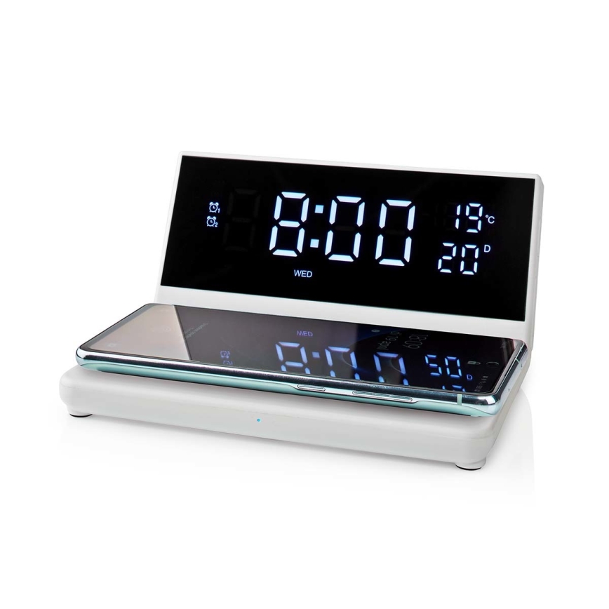 Budík s LCD displejem a bezdrátovou nabíječkou 15W/230V + 1xCR2032 bílá