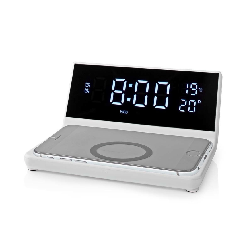 Budík s LCD displejem a bezdrátovou nabíječkou 15W/230V + 1xCR2032 bílá