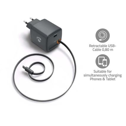Nabíječka se zatahovacím kabelem Power Delivery 30W 2xUSB-C černá