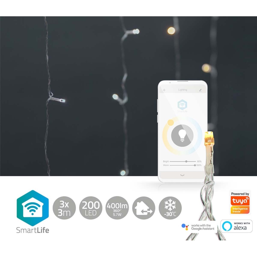 LED Vánoční závěs 200xLED/11 funkcí 6m IP65 Wi-Fi Tuya teplá až studená bílá