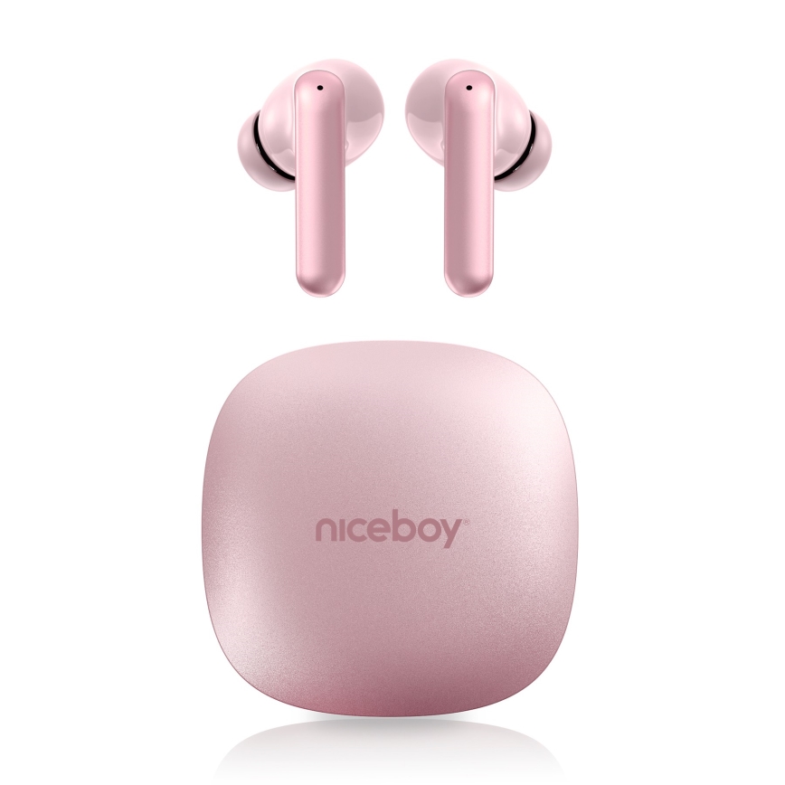 Niceboy Pins 4 PRO - Bezdrátová sluchátka s ANC 380 mAh + 2x 35 mAh IP54 růžová