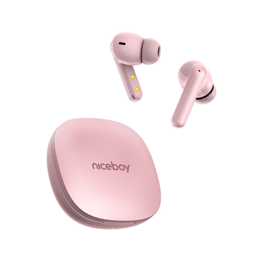 Niceboy Pins 4 PRO - Bezdrátová sluchátka s ANC 380 mAh + 2x 35 mAh IP54 růžová