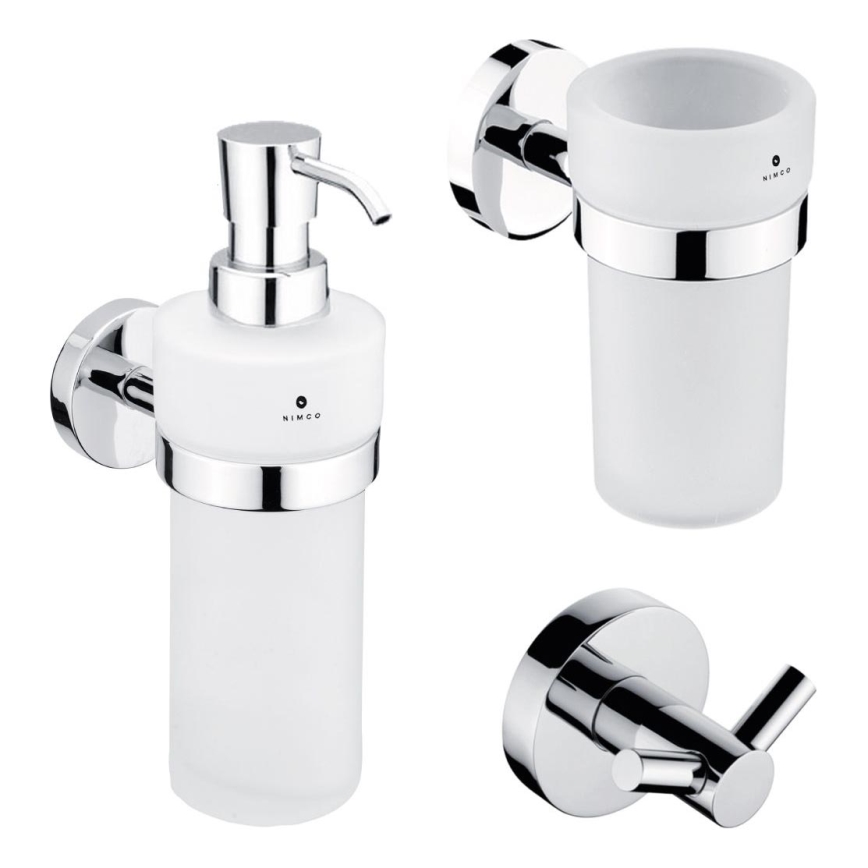 NIMCO UN set-31W-26 - Nástěnný dávkovač mýdla, stojánek na zubní kartáčky a nástěnný háček UNIX 250 ml matné sklo/lesklý chrom