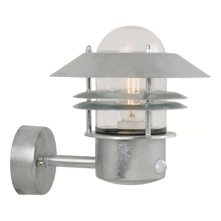 Nordlux - Venkovní nástěnné svítidlo se senzorem BLOKHUS 1xE27/60W/230V IP54 stříbrná