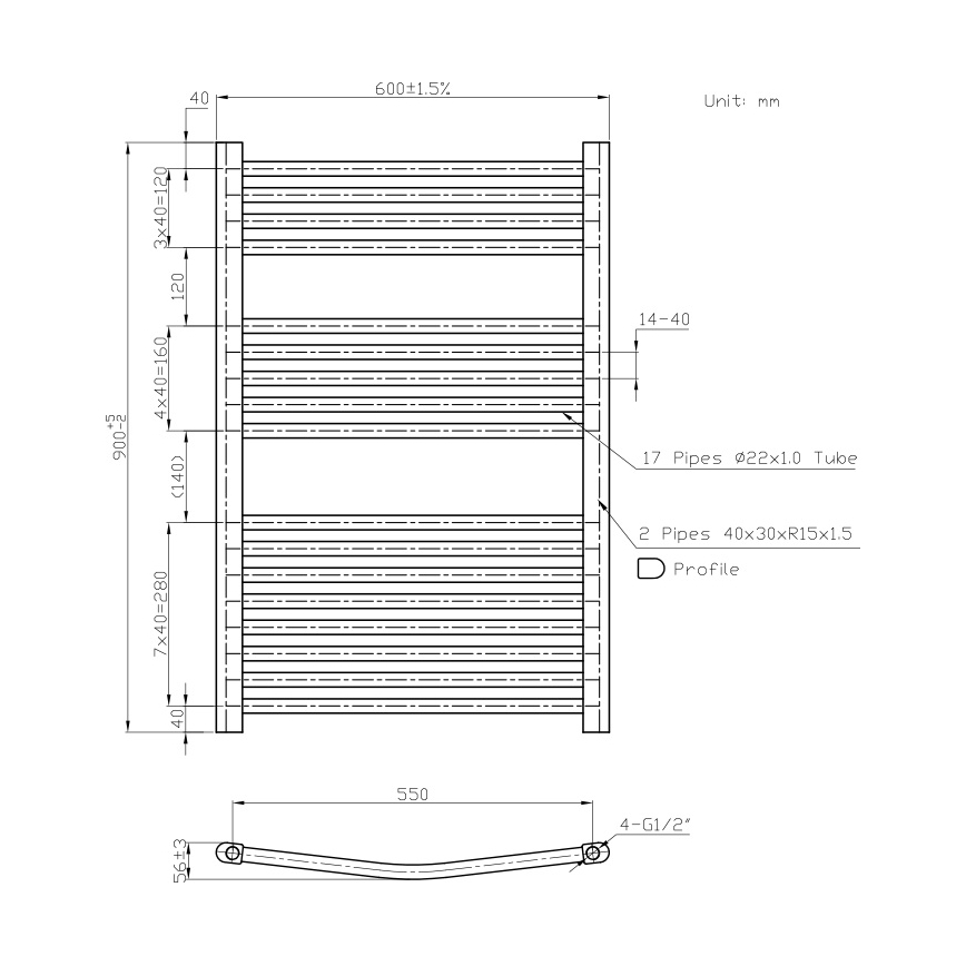 Novaservis - Koupelnový žebříkový radiátor 478W/230V 90x60 cm bílá oblý