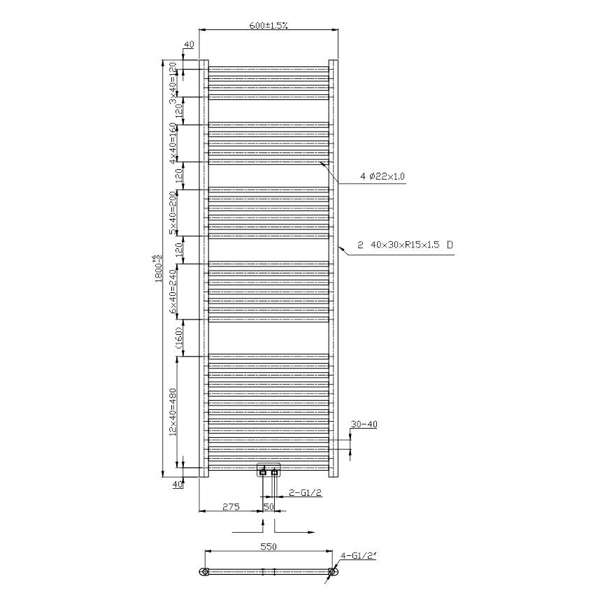 Novaservis - Koupelnový žebříkový radiátor 630W/230V 180x60 cm lesklý chrom rovný