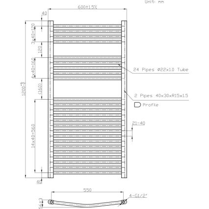Novaservis - Koupelnový žebříkový radiátor 644W/230V 120x60 cm bílá oblý