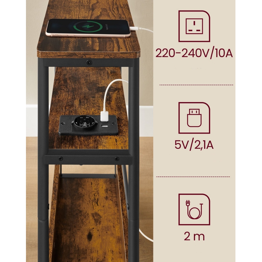 Odkládací stolek s vestavěnou zásuvkou a USB porty ROD 45x18 cm hnědá/černá