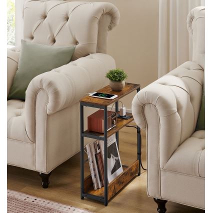 Odkládací stolek s vestavěnou zásuvkou a USB porty ROD 45x18 cm hnědá/černá